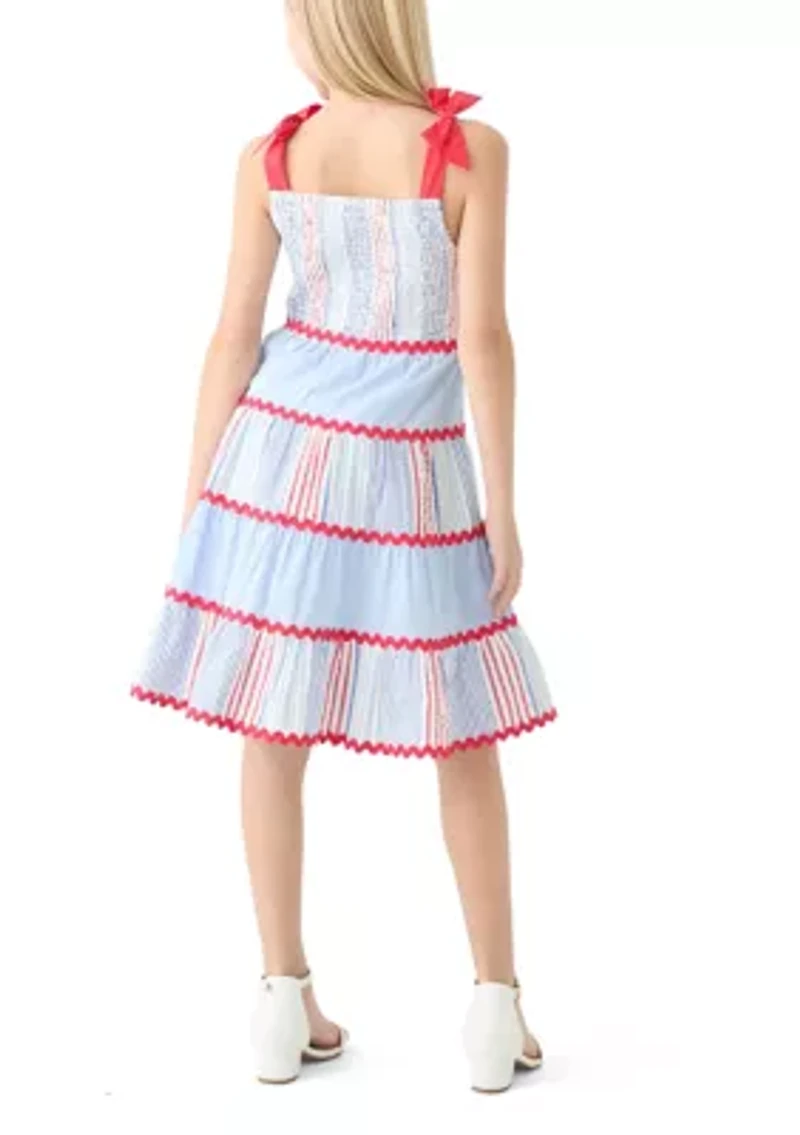 Girls 7-16 Bow Strap Pattern Mix Dress