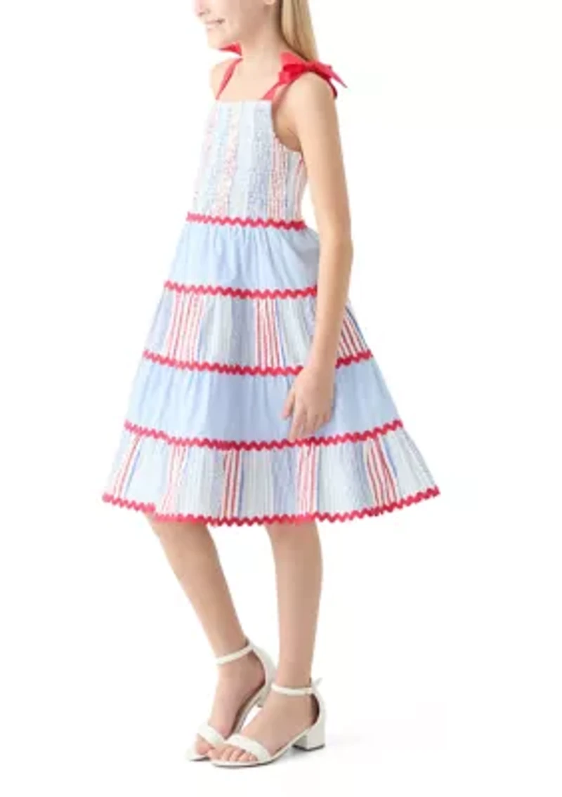 Girls 7-16 Bow Strap Pattern Mix Dress