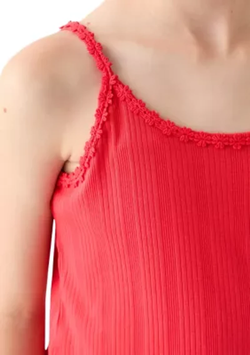 Girls 7-16 Ribbed Knit Daisy Trim Tank Top