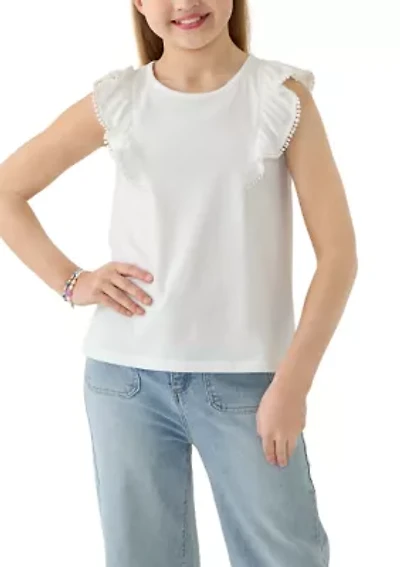 Girls 7-16 Pom Trim Ruffle Tank Top