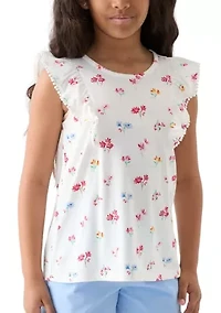 Girls 7-16 Pom Ruffle Trim Printed Top