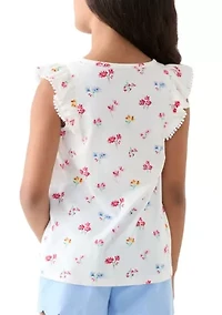 Girls 7-16 Pom Ruffle Trim Printed Top