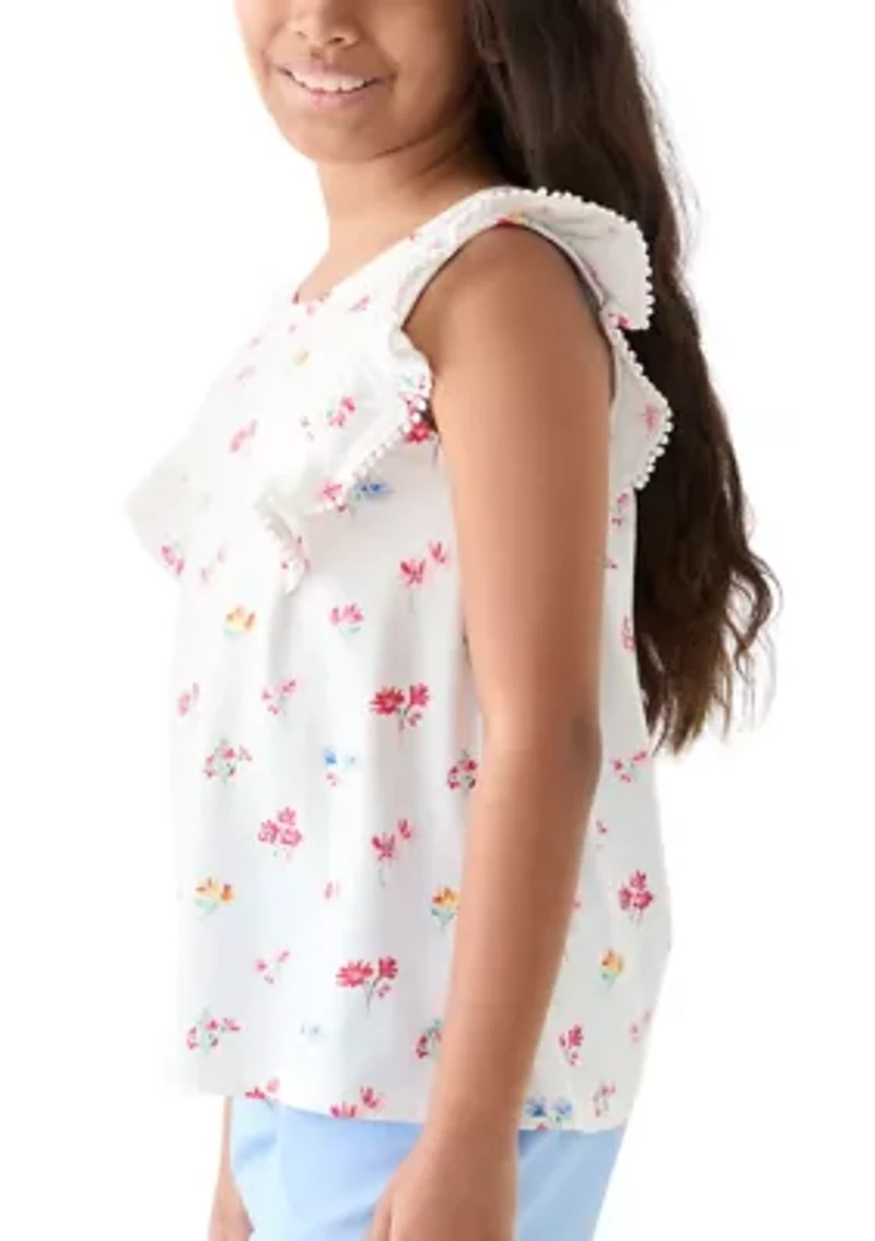 Girls 7-16 Pom Ruffle Trim Printed Top