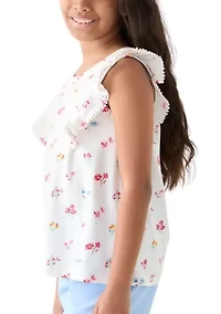 Girls 7-16 Pom Ruffle Trim Printed Top