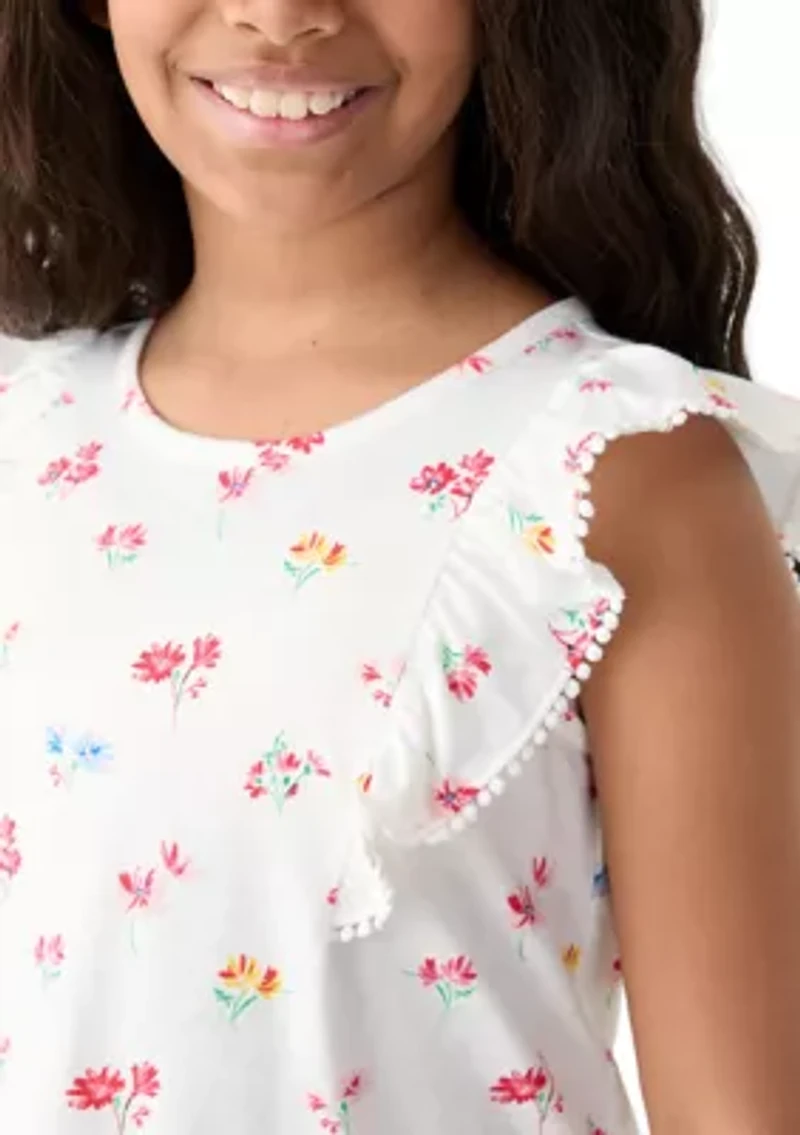 Girls 7-16 Pom Ruffle Trim Printed Top