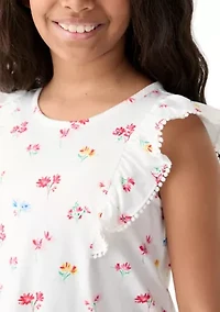 Girls 7-16 Pom Ruffle Trim Printed Top