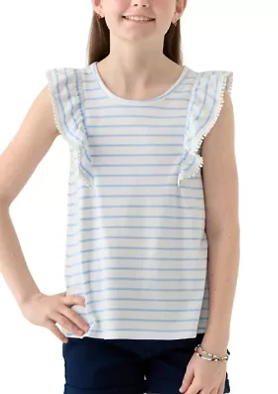 Girls 7-16 Pom Trim Ruffle Yarn Dyed Tank Top