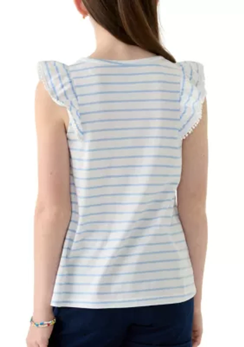 Girls 7-16 Pom Trim Ruffle Yarn Dyed Tank Top