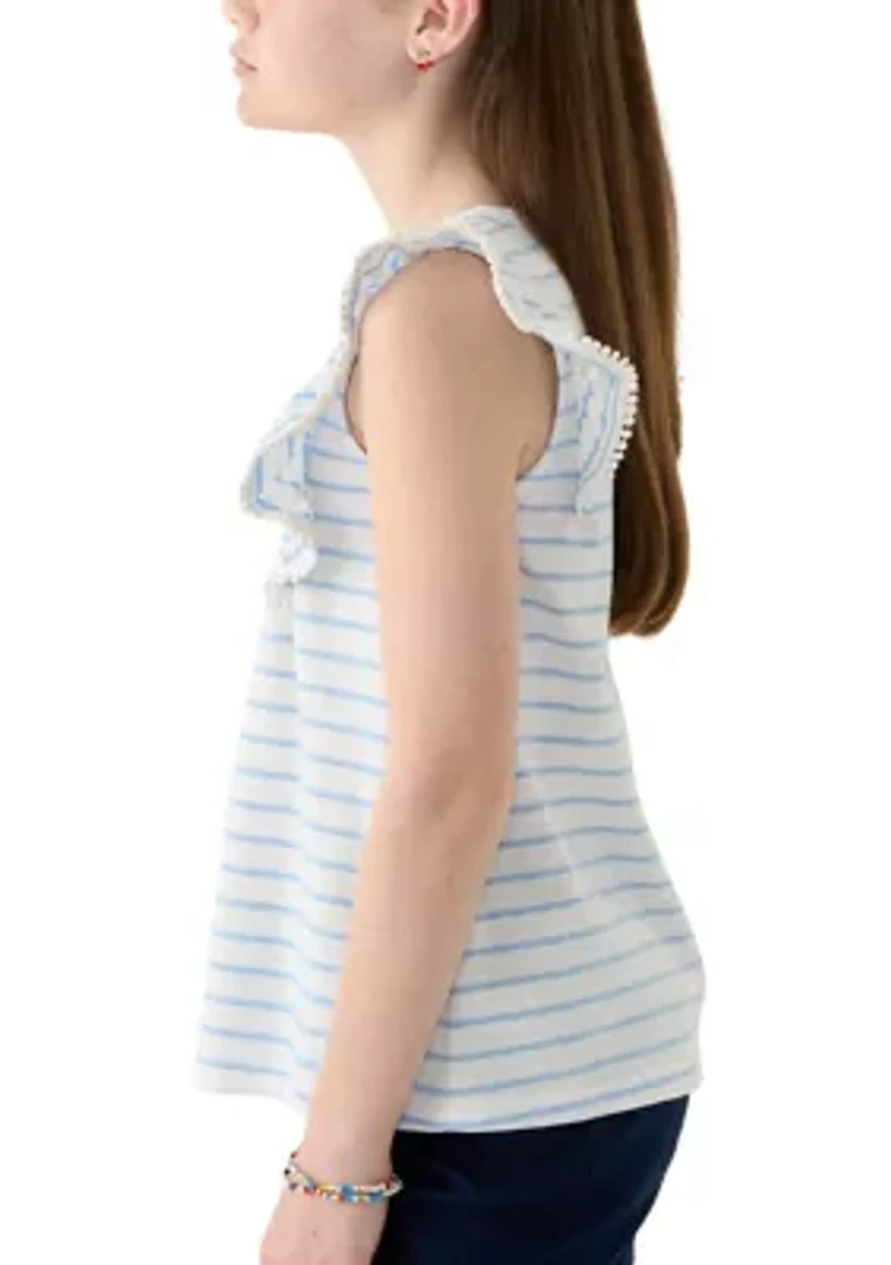 Girls 7-16 Pom Trim Ruffle Yarn Dyed Tank Top
