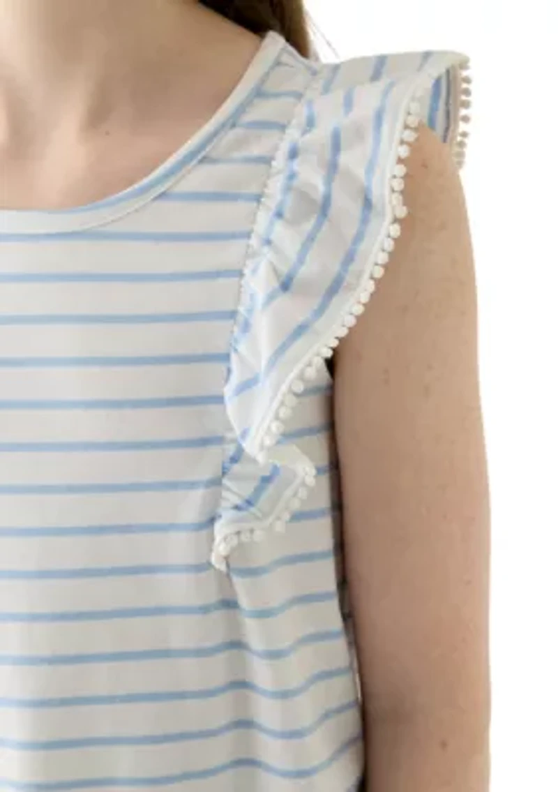 Girls 7-16 Pom Trim Ruffle Yarn Dyed Tank Top