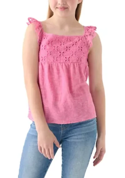 Girls 7-16 Linen Eyelet Flutter Sleeve Tank Top