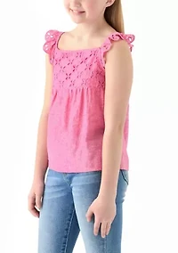 Girls 7-16 Linen Eyelet Flutter Sleeve Tank Top