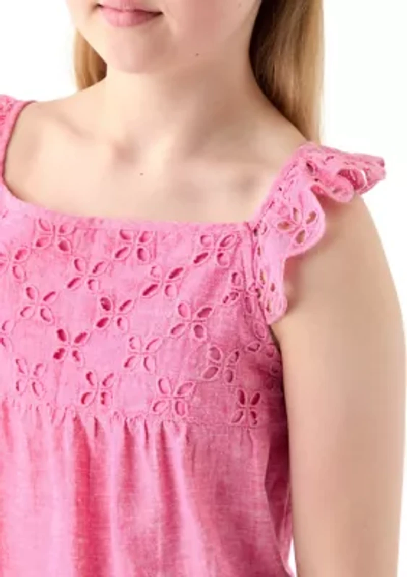 Girls 7-16 Linen Eyelet Flutter Sleeve Tank Top