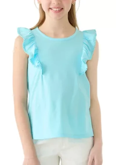 Girls 7-16 Ruffle Tank with Pom Trim