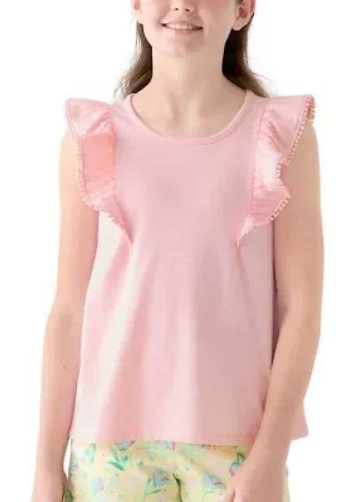 Girls 7-16 Ruffle Tank with Pom Trim
