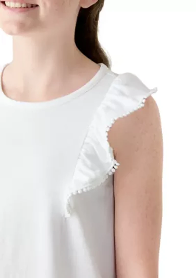 Girls 7-16 Ruffle Tank with Pom Trim
