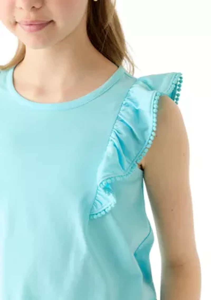 Girls 7-16 Ruffle Tank with Pom Trim