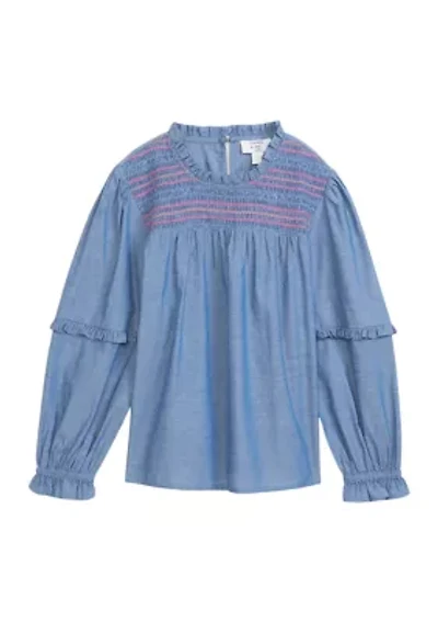 Girls 4-6x Chambray Smocked Ruffle Top