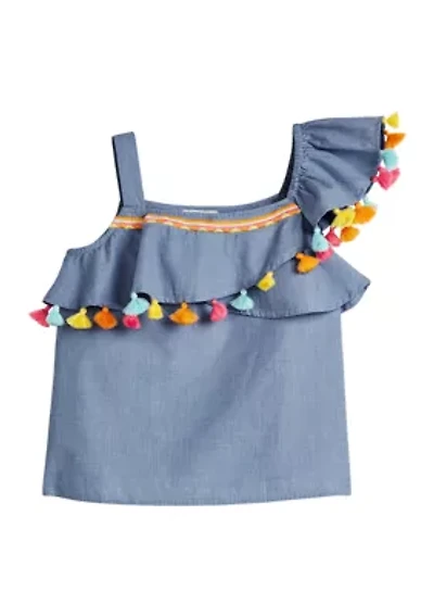 Girls 4-6x One Shoulder Pom Top