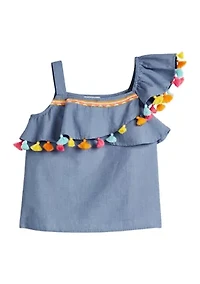 Girls 4-6x One Shoulder Pom Top