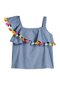 Girls 4-6x One Shoulder Pom Top