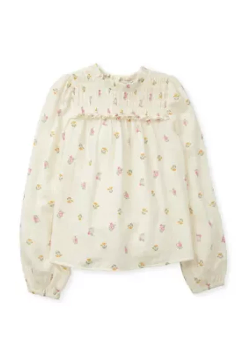 Girls 7-16 Long Sleeve Ruffle Neck Printed Top