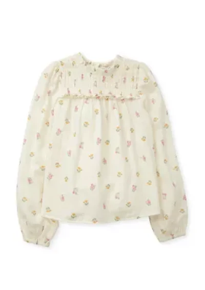 Girls 7-16 Long Sleeve Ruffle Neck Printed Top