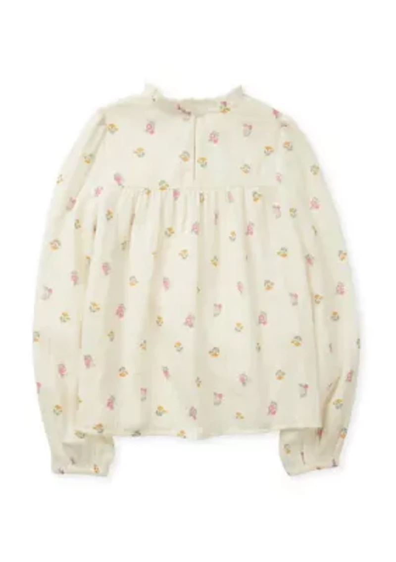 Girls 7-16 Long Sleeve Ruffle Neck Printed Top