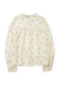 Girls 7-16 Long Sleeve Ruffle Neck Printed Top