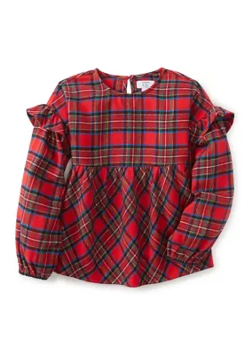 Girls 4-6x Long Sleeve Ruffle Shoulder Plaid Yarn Dye Top