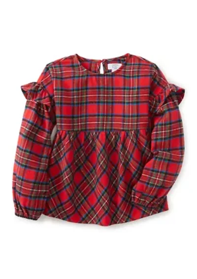 Girls 4-6x Long Sleeve Ruffle Shoulder Plaid Yarn Dye Top