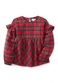 Girls 4-6x Long Sleeve Ruffle Shoulder Plaid Yarn Dye Top