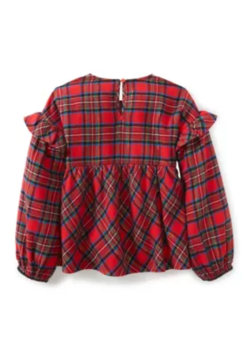 Girls 4-6x Long Sleeve Ruffle Shoulder Plaid Yarn Dye Top