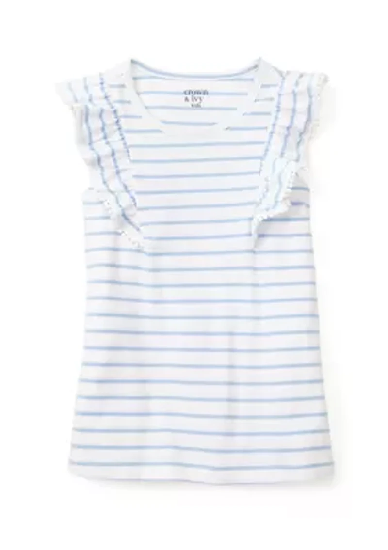 Girls 4-6x Pom Trim Ruffle Yarn Dyed Tank Top