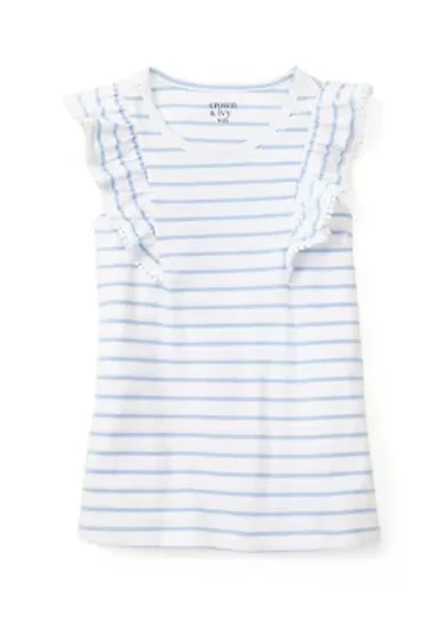 Girls 4-6x Pom Trim Ruffle Yarn Dyed Tank Top