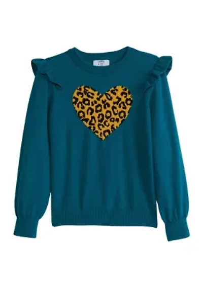 Girls 7-16 Ruffle Shoulder Appliqué Sweater