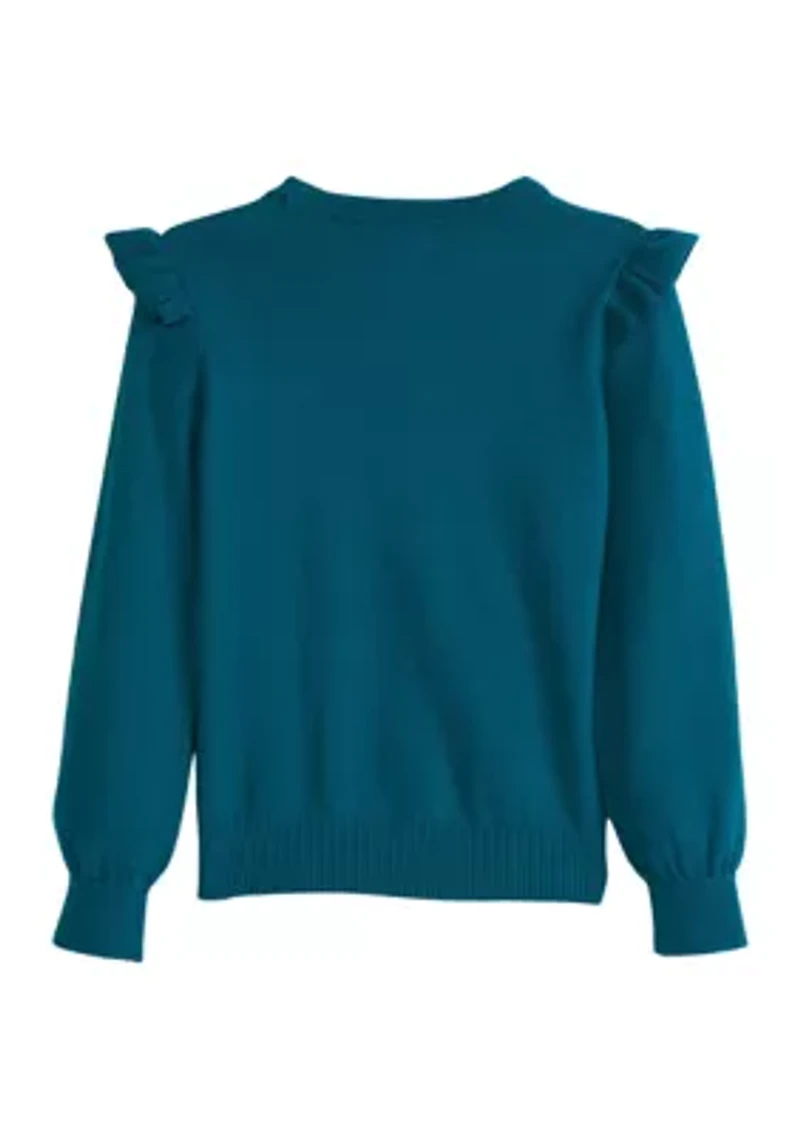Girls 7-16 Ruffle Shoulder Appliqué Sweater