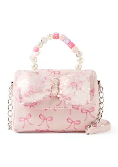 Sequin Bow Printed Mini Flap Crossbody Bag with Beaded Handle