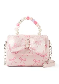 Sequin Bow Printed Mini Flap Crossbody Bag with Beaded Handle