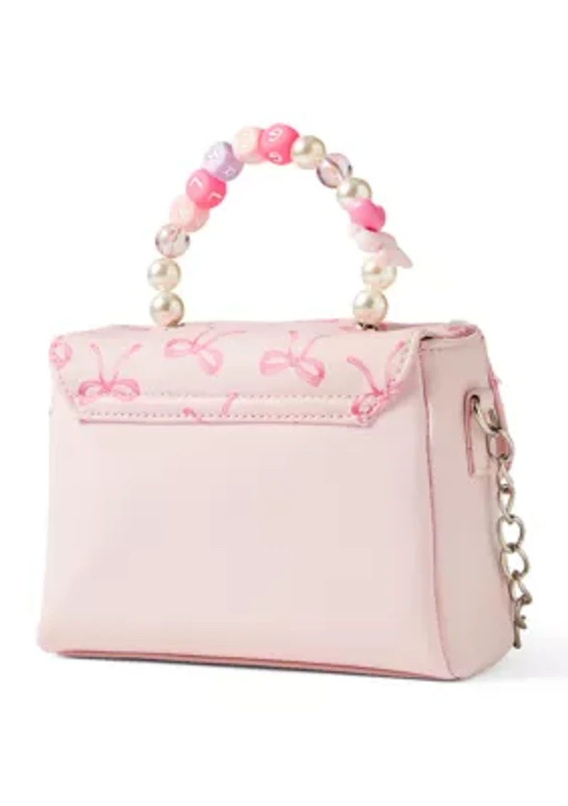 Sequin Bow Printed Mini Flap Crossbody Bag with Beaded Handle