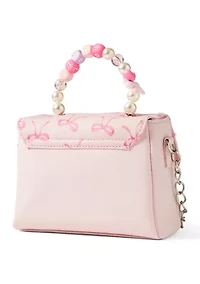 Sequin Bow Printed Mini Flap Crossbody Bag with Beaded Handle