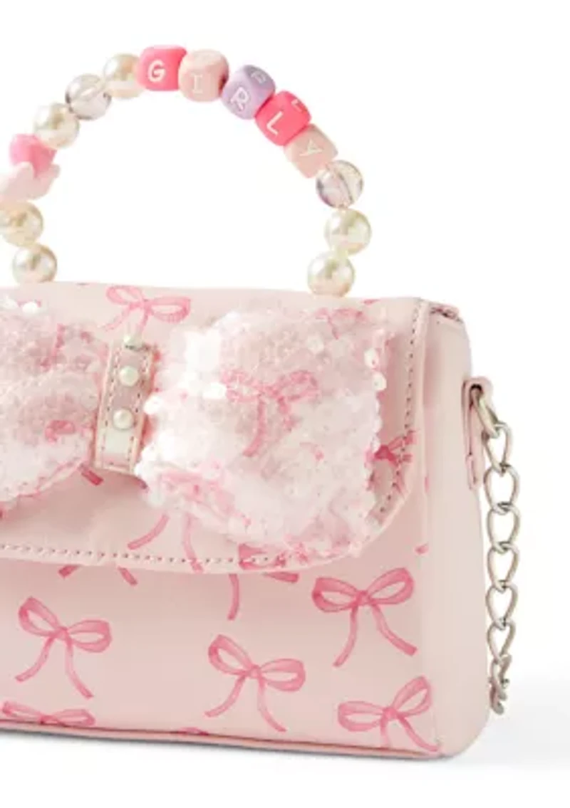Sequin Bow Printed Mini Flap Crossbody Bag with Beaded Handle