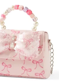 Sequin Bow Printed Mini Flap Crossbody Bag with Beaded Handle