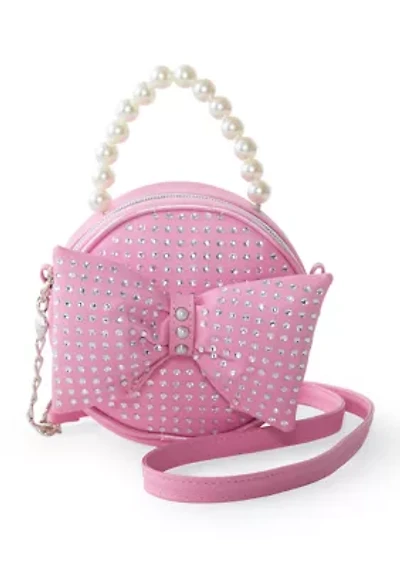 Rhinestone Bow Crossbody Bag with Pearl Handle