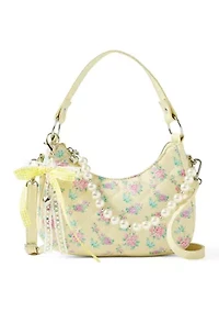 Floral Printed Mini Top Handle Hobo Crossbody with Pearl Chain