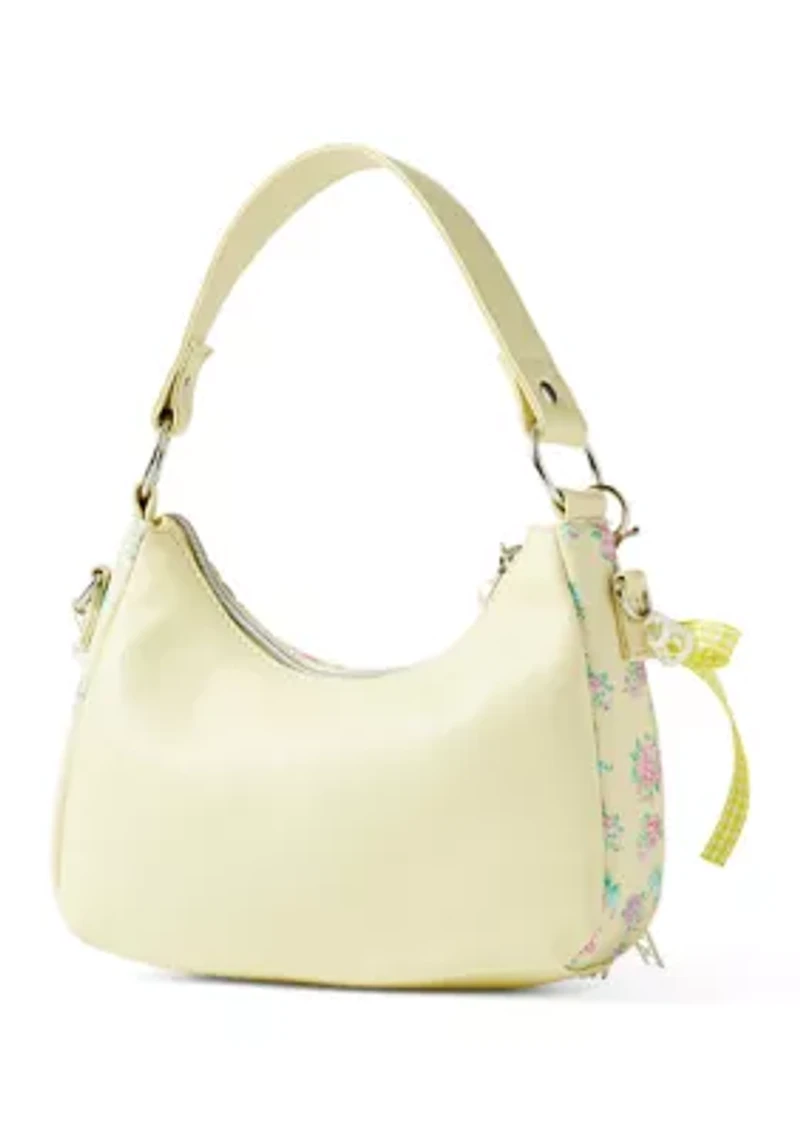 Floral Printed Mini Top Handle Hobo Crossbody with Pearl Chain