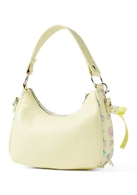 Floral Printed Mini Top Handle Hobo Crossbody with Pearl Chain