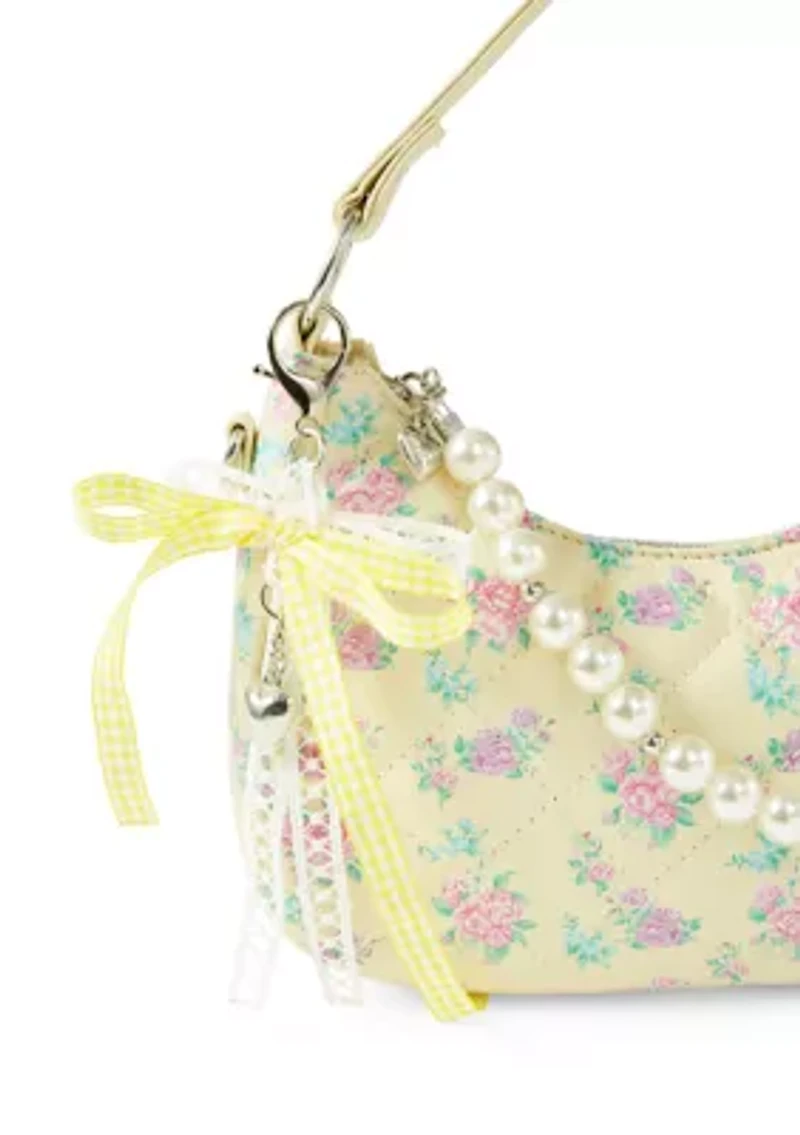 Floral Printed Mini Top Handle Hobo Crossbody with Pearl Chain