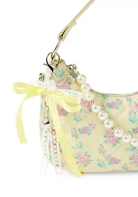 Floral Printed Mini Top Handle Hobo Crossbody with Pearl Chain