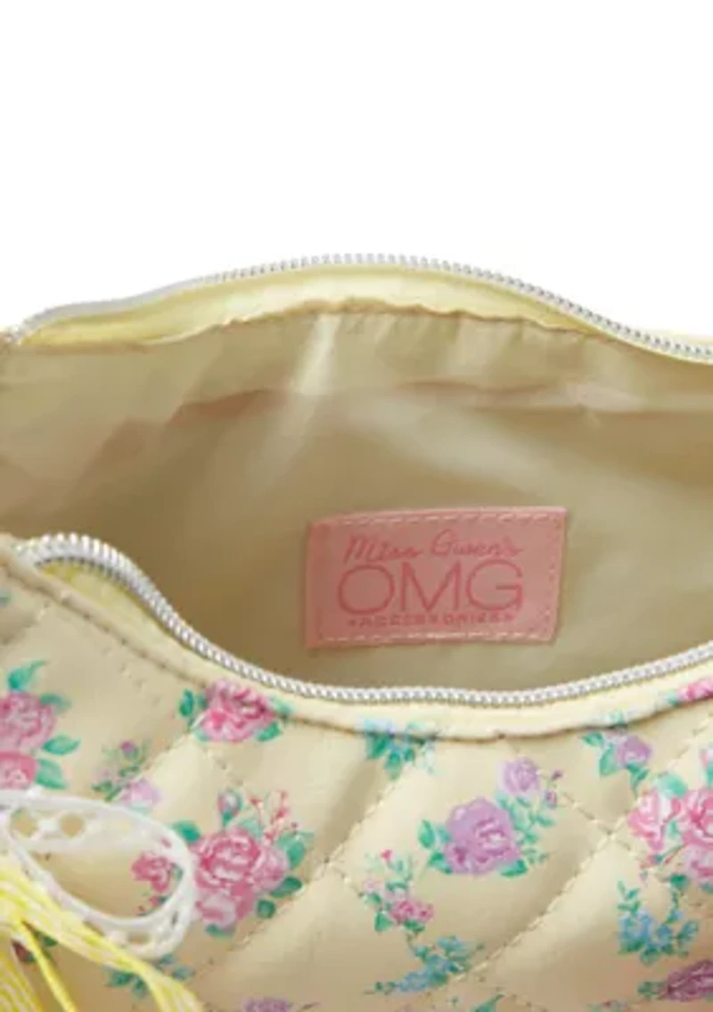 Floral Printed Mini Top Handle Hobo Crossbody with Pearl Chain
